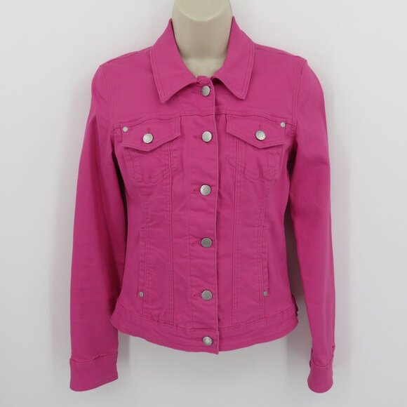 GUESS Women Small Pink Stretchy Denim Jean Jacket Collared Button Front Pockets - Picture 10 of 10
